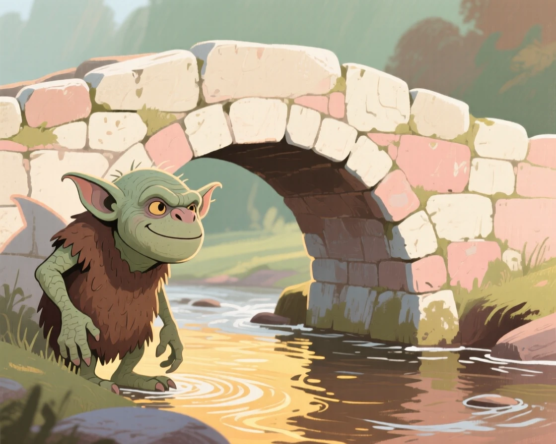 A troll guarding an old stone bridge over a babbling brook