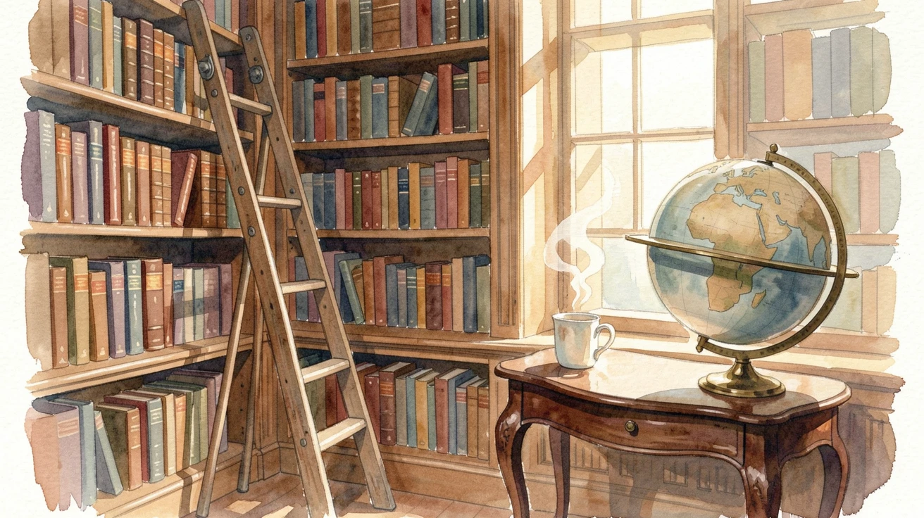 A library with a rolling ladder and antique globe with a steaming mug on a side table.