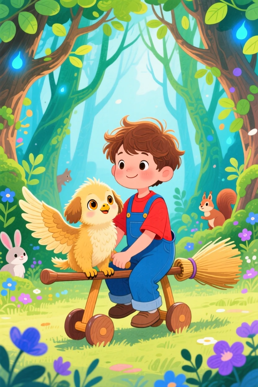 A boy riding a toy broomstick and a shy baby griffin exploring an enchanted forest together.