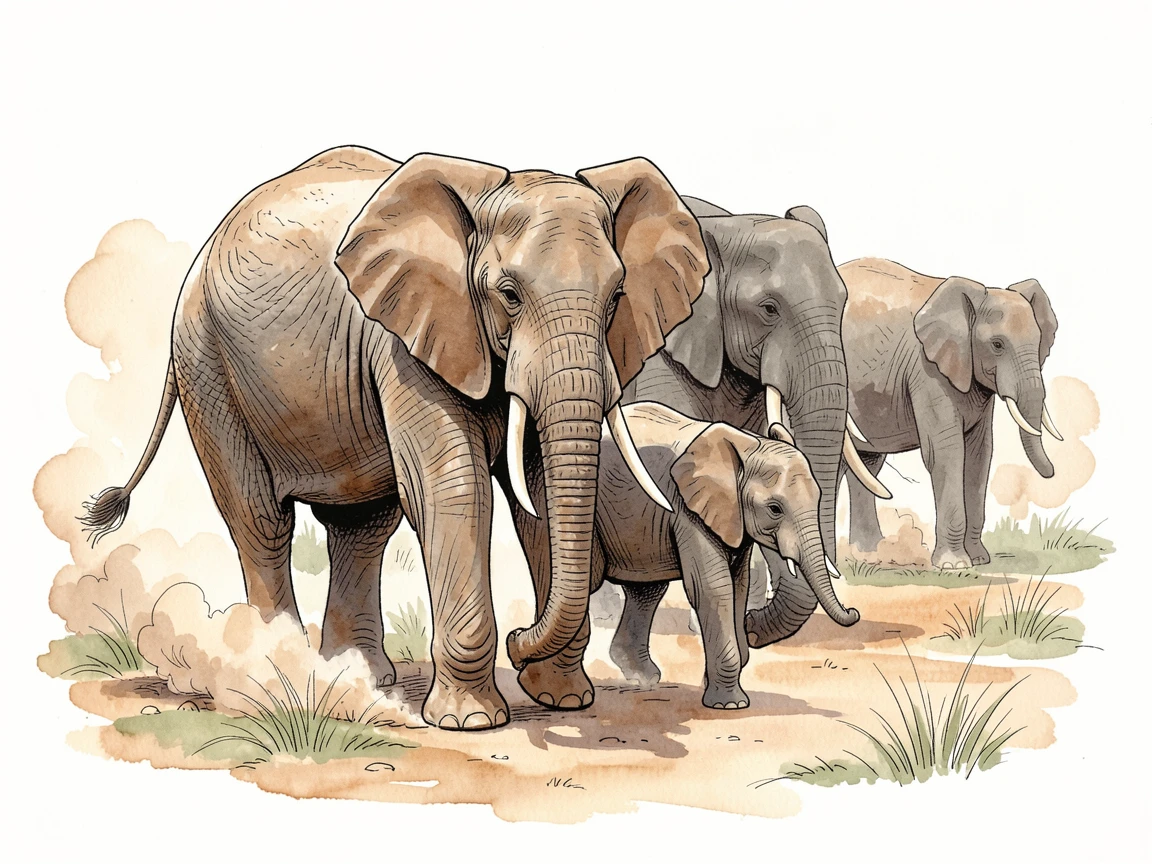A gentle elephant matriarch leading her herd across a dusty plain, a calf walking close beside her
