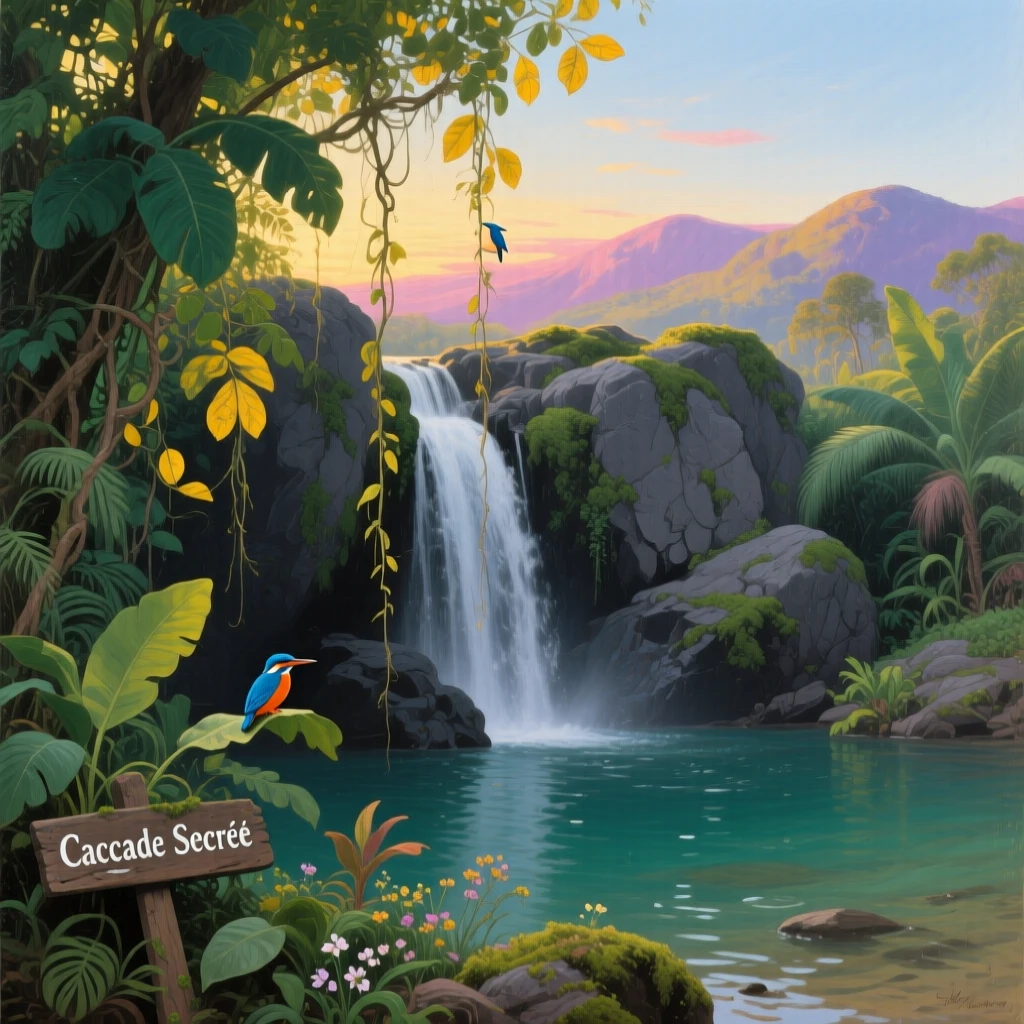 A hidden tropical waterfall veiled behind hanging jungle vines, with the first light of dawn breaking over distant ridgelines, conveying the peaceful isolation of a place few have ever seen