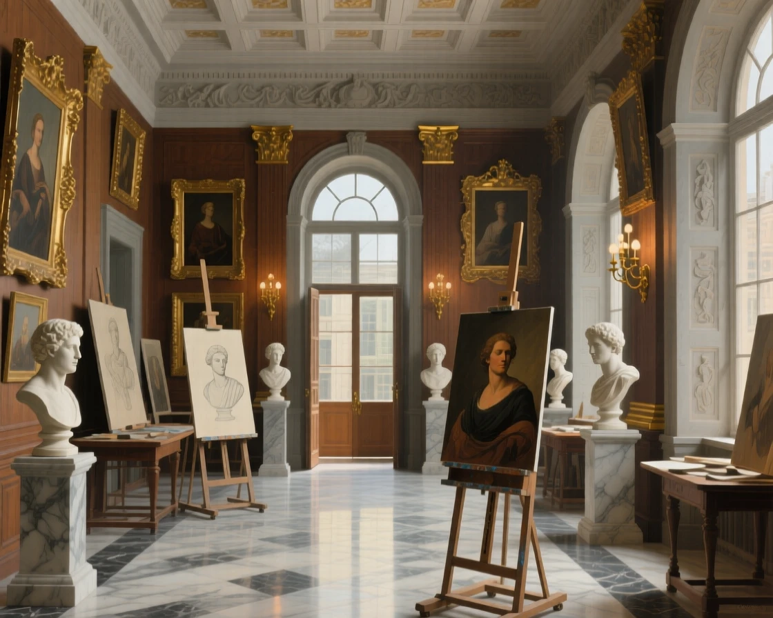 An artist's grand studio filled with half-finished canvases and marble busts awaiting the arrival of guests soon to fill its halls, set inside a grand academy of art and learning, with intricate carvings, gilded frames, and polished marble underfoot; warm interior light contrasts with cool light spilling in from outside, filled with hushed splendor and architectural harmony.