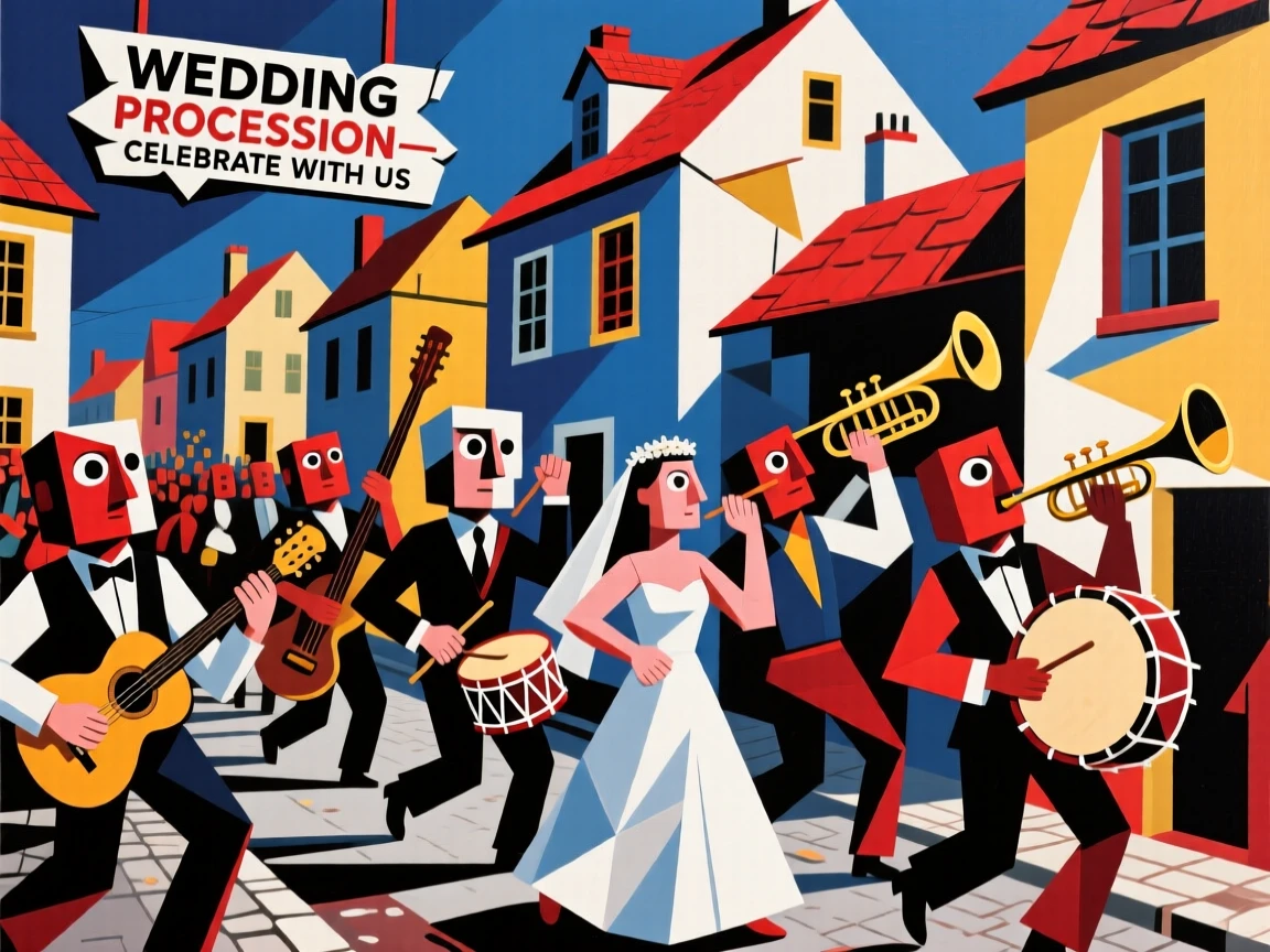 A traditional wedding procession with musicians and dancers filling a village street.