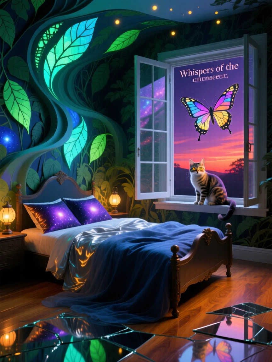 A bedroom whose wallpaper shifts slowly like a living forest hums gently with the quiet rhythm of everyday life, while a cat watches curiously from an open window.