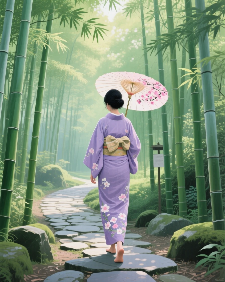Deep within a Japanese bamboo grove, tall green stalks sway gently overhead, dappled light falling across a stone path, a woman in a soft kimono walking quietly beneath the towering canes.