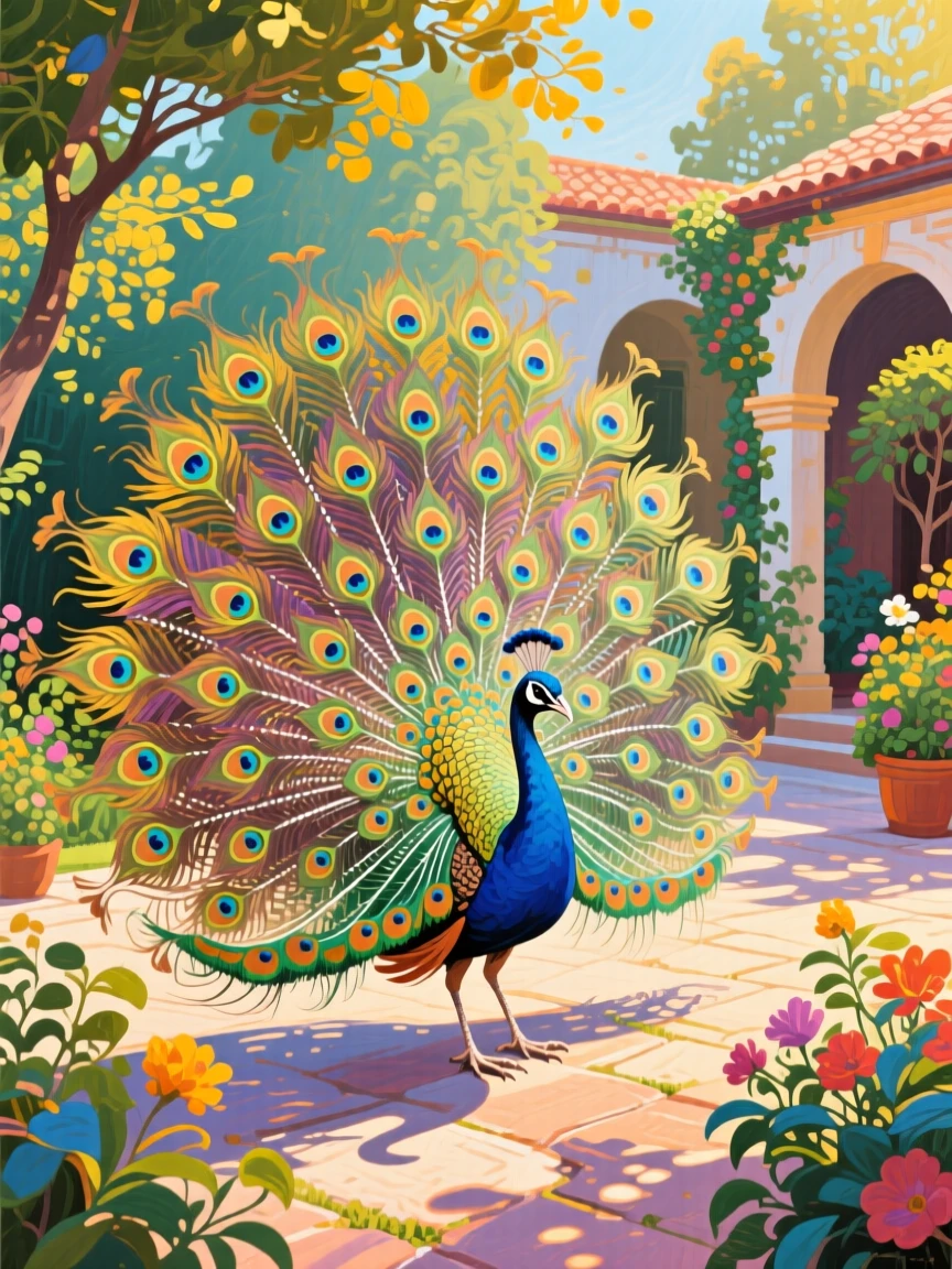 A peacock displaying its full iridescent tail feathers in a sunlit garden courtyard