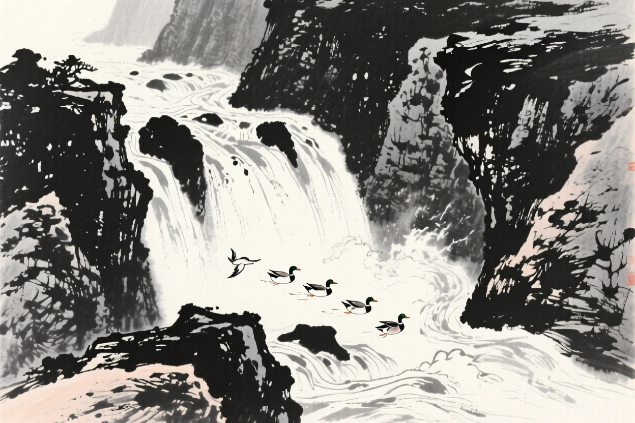a rushing torrent cutting through a rocky canyon, with wild ducks gliding across its surface.