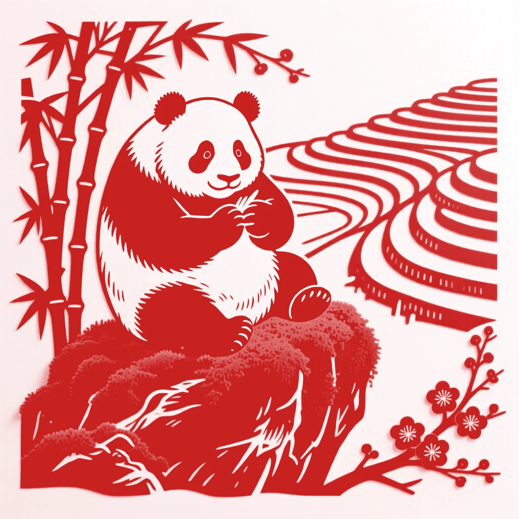 A giant panda, grooming itself atop a moss-covered rock, set against a backdrop of distant terraced fields.