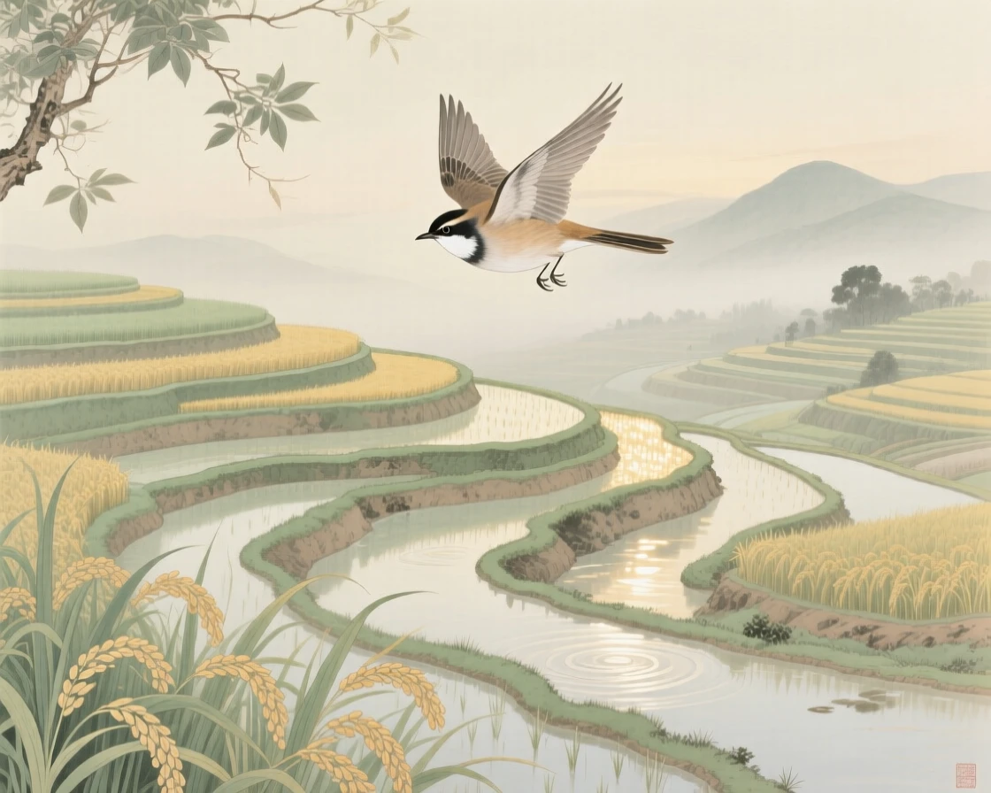 A nightingale soaring above terraced rice paddies, soft morning light filtering through the branches