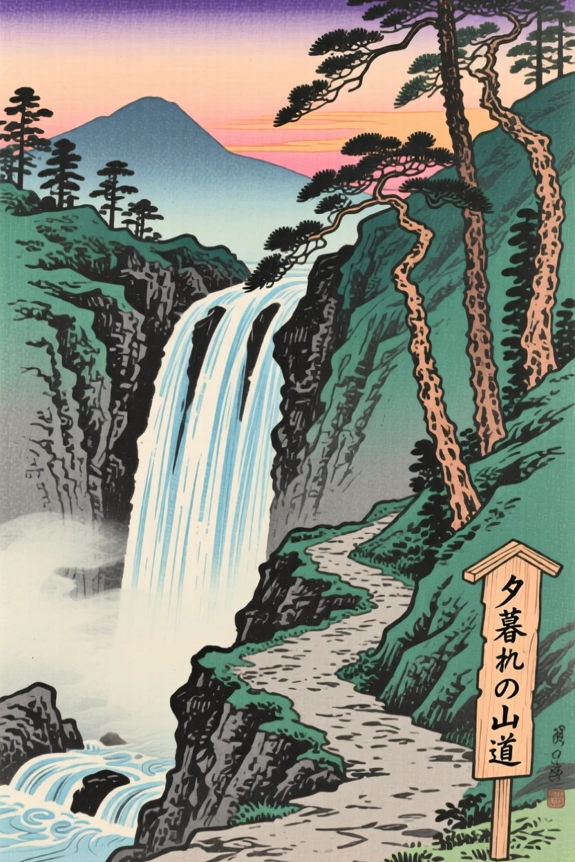 A narrow mountain pass, beside a cascading waterfall, at dusk.