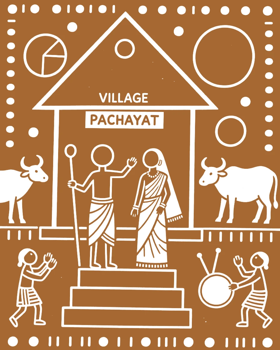 A cattle herder welcoming a new bride into the family on the steps of a village meeting hall.