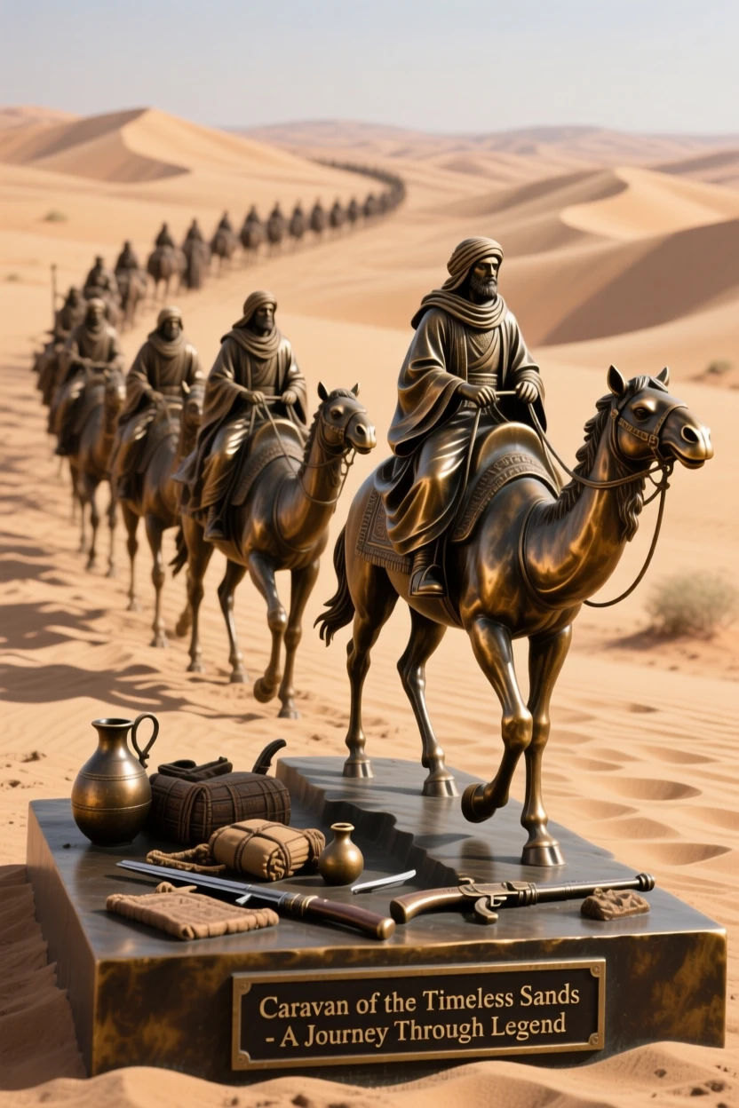 A caravan of traders crossing a vast desert, with a strong sense of narrative and history, evoking legend and timeless drama