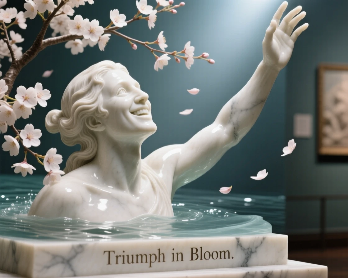 A close-up portrait of a diver surfacing with a triumphant smile, reaching upward toward the light, beneath cherry blossoms in full bloom, radiating quiet emotion and dignity
