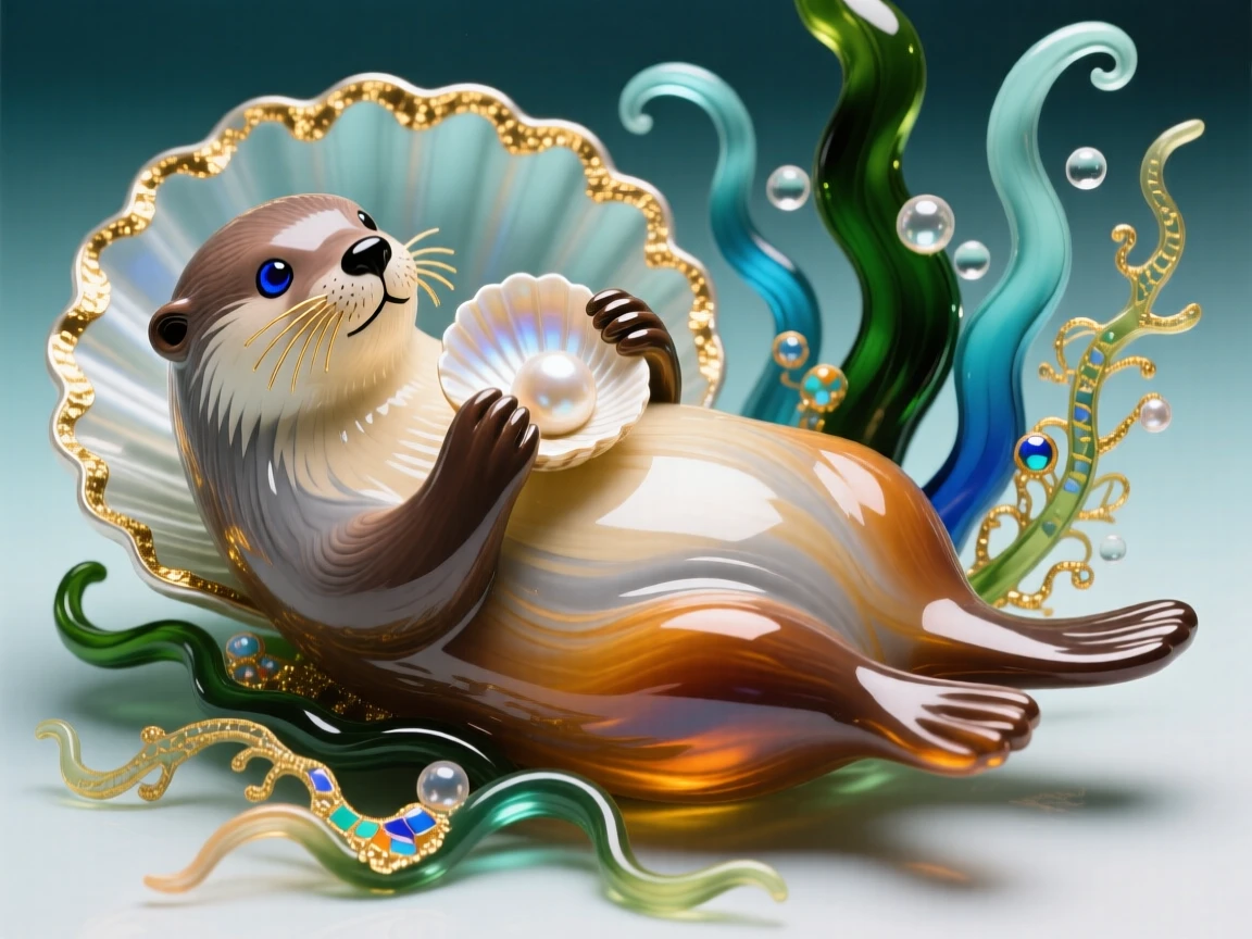 A sea otter cracking open a shell while floating on its back, charming and playful, kelp fronds drifting nearby.