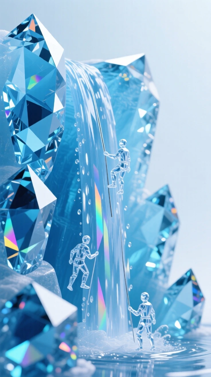 A frozen waterfall encased in blue ice, climbers as tiny silhouettes for scale.