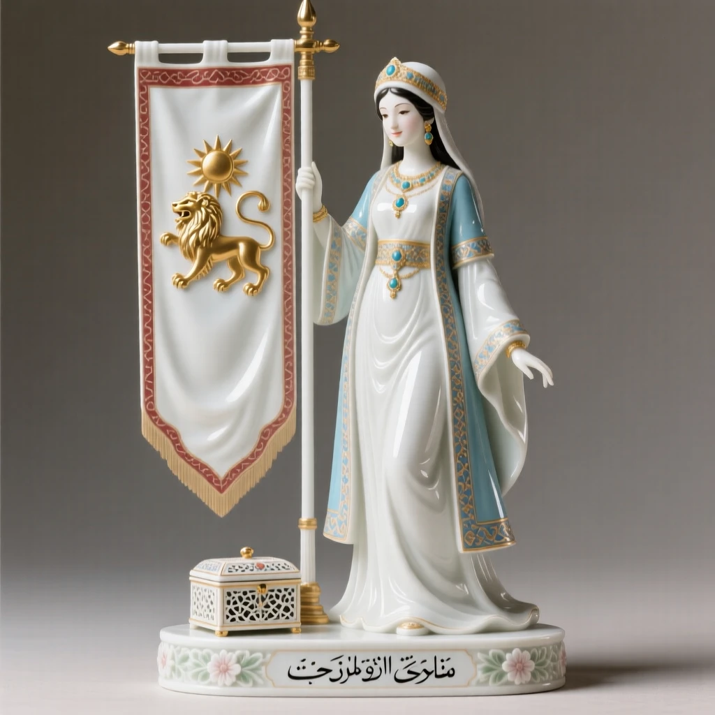 A regal Persian princess posed beside a heraldic banner, surrounded by the trappings of a bygone era.