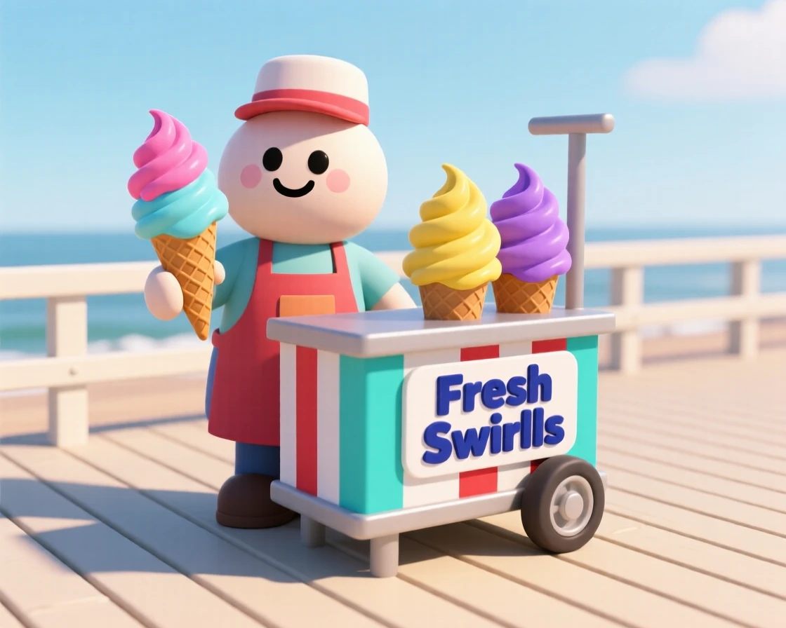 A cheerful ice cream vendor scoops colorful swirls into a waffle cone from a bright striped cart on a sunny boardwalk.