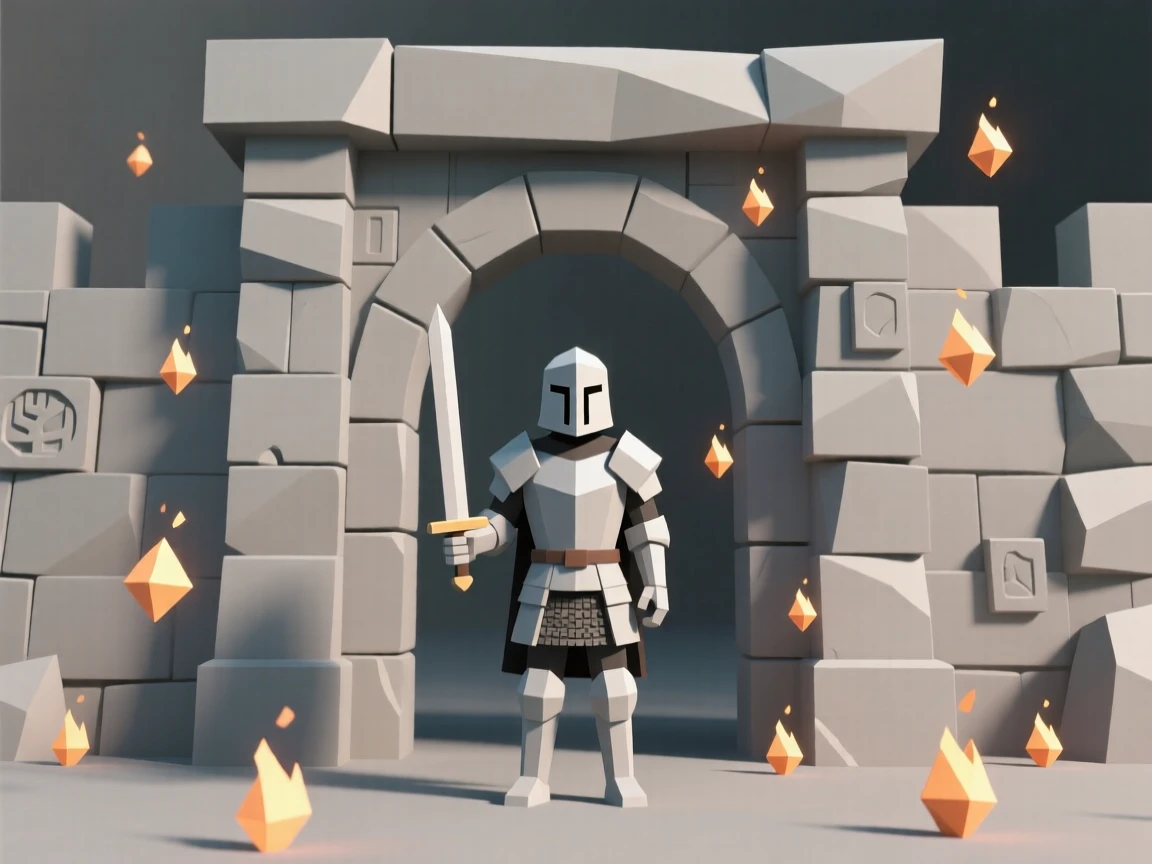 A knight standing before an ancient stone gate, surrounded by drifting magical embers. intricate details enrich the ancient architecture. The moment feels suspended between worlds.