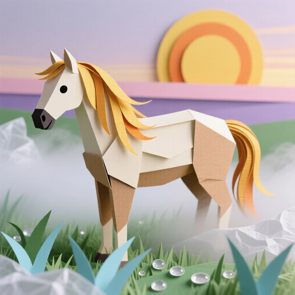 A gentle horse standing in a misty meadow at sunrise, its mane catching the golden light as it gazes toward the horizon, dew glistening on the grass, evoking freedom and quiet beauty.