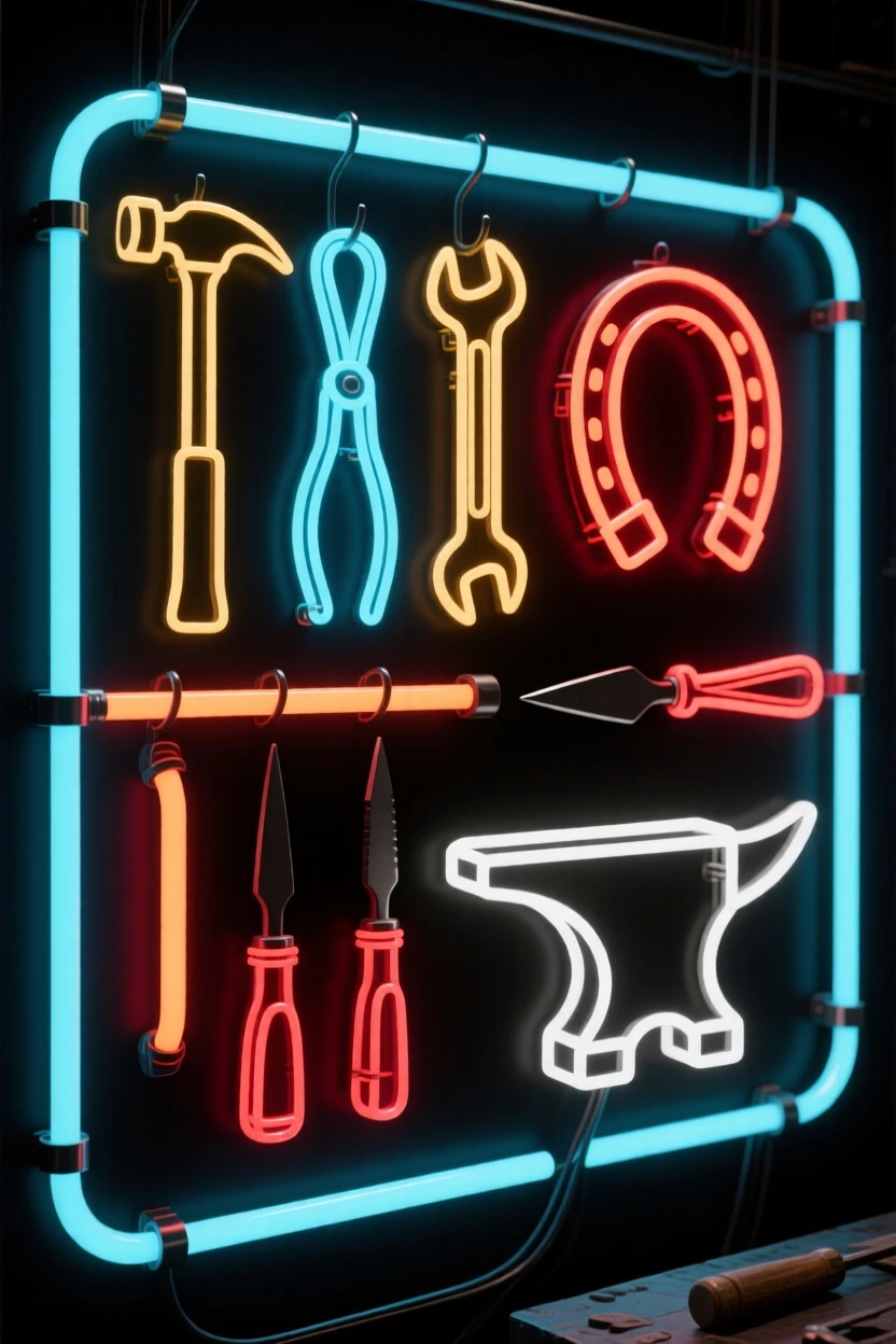 A blacksmith's workshop with tools hanging neatly along the wall.