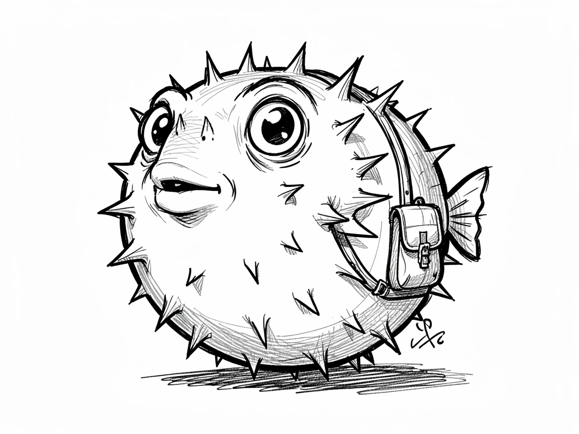 A round pufferfish wearing a tiny backpack.