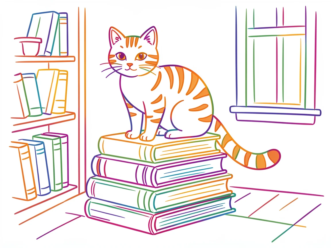 A tabby cat perched on a stack of old books in a cozy reading nook.