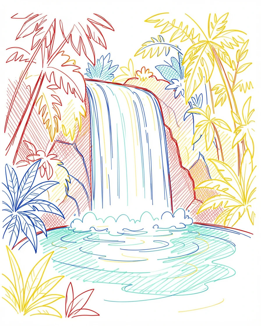 A tropical waterfall plunging into a clear turquoise pool surrounded by jungle