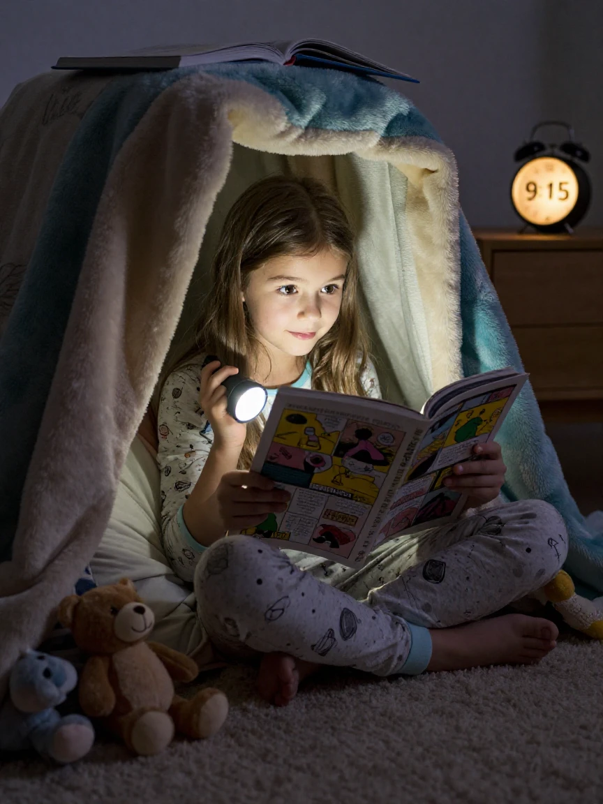 A girl reads a comic book by flashlight under a blanket fort at bedtime.