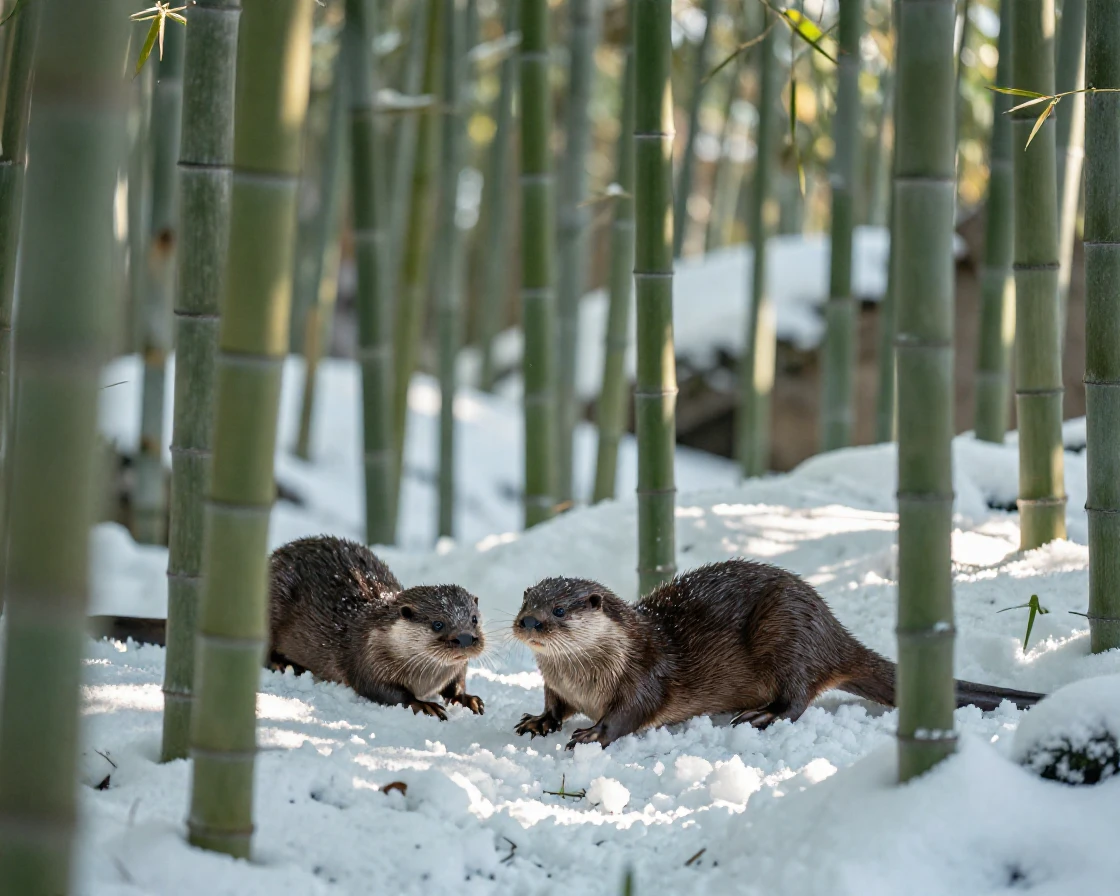 A family of otters foraging quietly through fresh snow in a quiet bamboo grove
