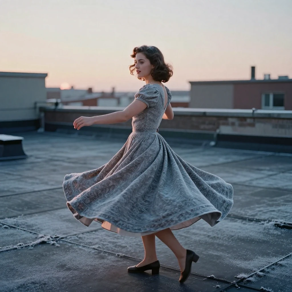 A young woman twirling in a full skirt on a sunlit rooftop, in the last light of dusk, with frost coating every surface, during the long days of summer, in cool blues and silvery greys, over the shoulder of the main subject.