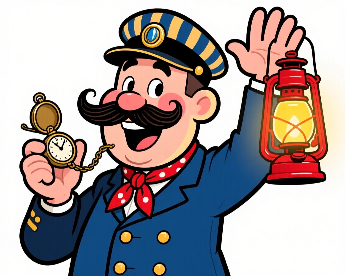 A memorable character portrait of a jolly train conductor checking a pocket watch, waving a lantern, a wide handlebar mustache curling upward.