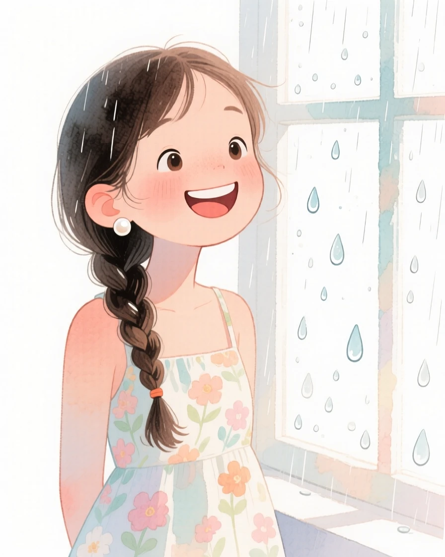 A teenage girl with a single thick braid over one shoulder, grinning ear to ear, wearing a flowy floral sundress and wearing statement pearl earrings, beside a rain-speckled window