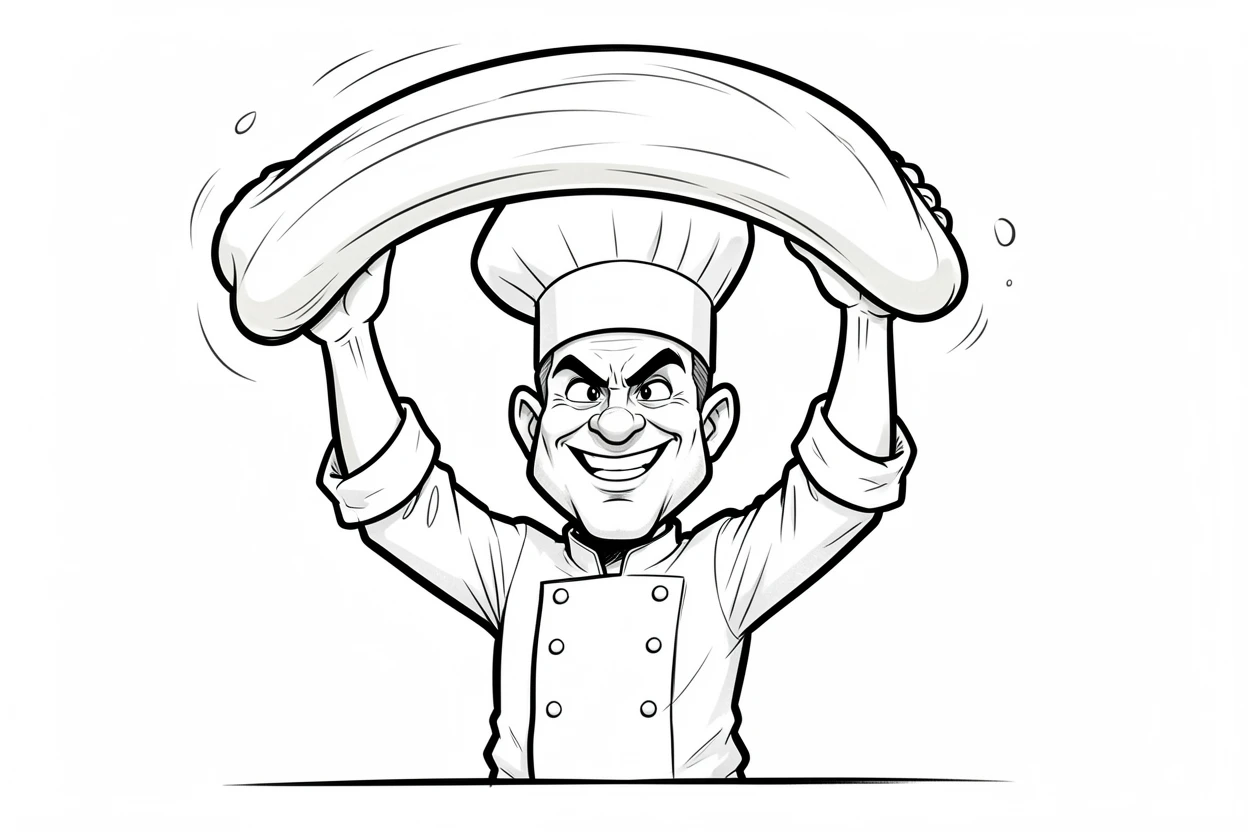 [People Portraits & Characters] Portrait of a determined chef tossing pizza dough high into the air, full of personality and charm