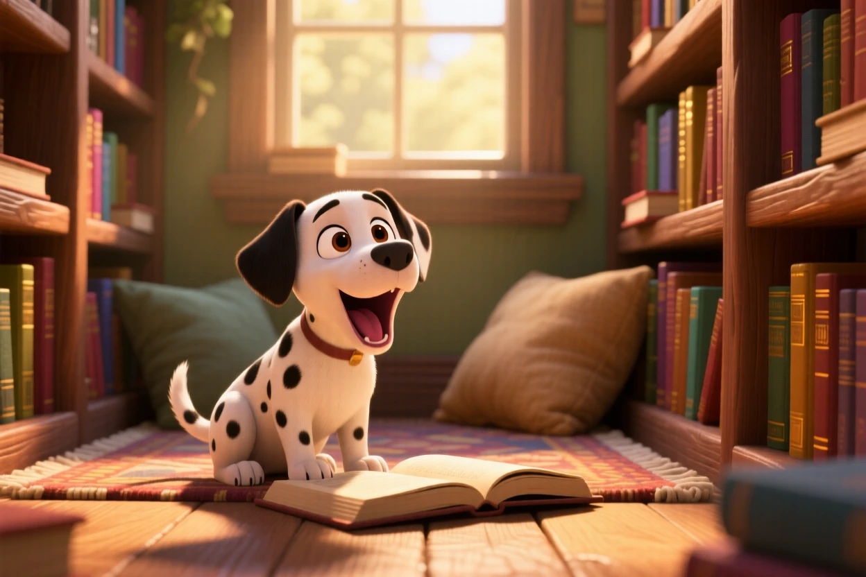 A spotted dalmatian puppy is exploring a cozy bookshop nook, yawning with a tiny open mouth. Innocent curiosity shines through the moment, with soft shadows framing the scene.