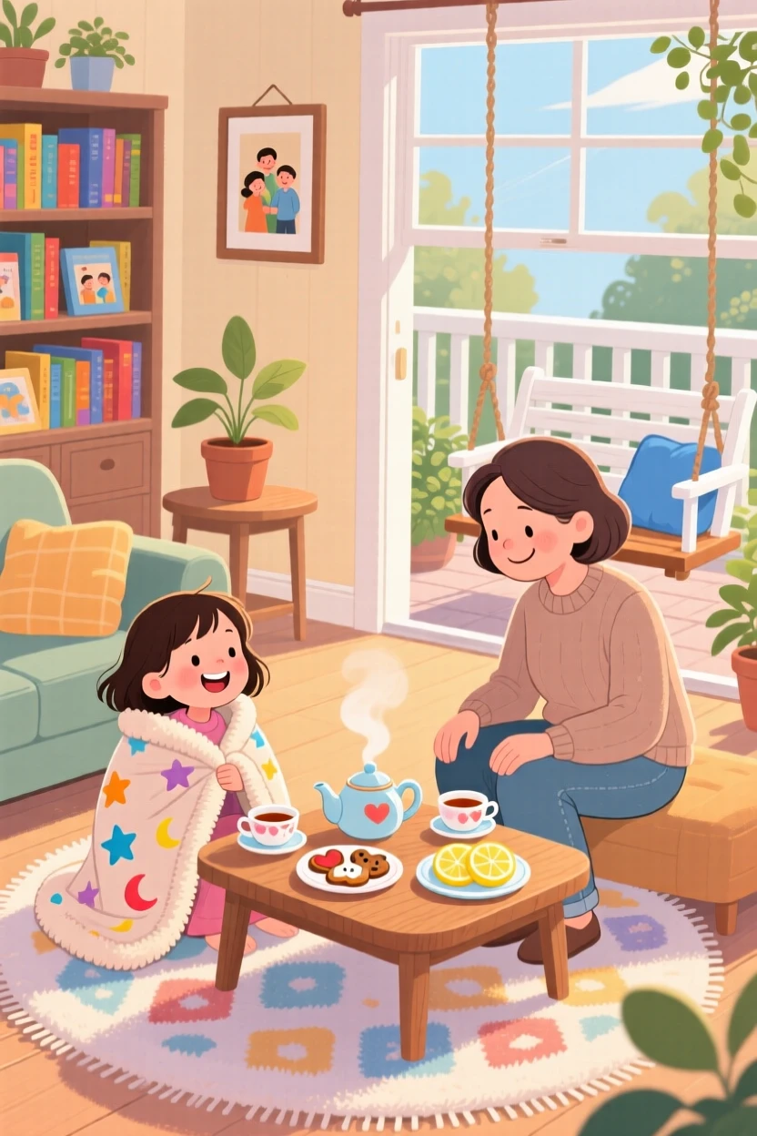 A child wrapped in a cozy blanket and her favorite aunt are having a tea party on the living room floor, while the porch swing creaks gently.