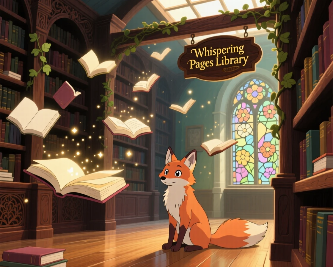 A library where books float open on their own, where a fox with softly glowing fur can be seen nearby, the atmosphere mysteriously beautiful.