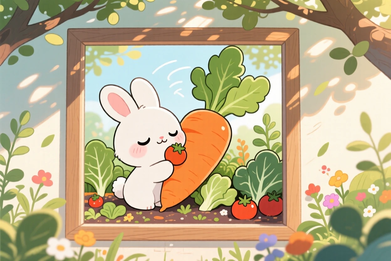 Framed through a window of a fluffy white bunny, nibbling on a giant carrot twice its size, in a cozy vegetable garden, during a light summer breeze, illuminated by dappled sunlight through a canopy, radiating sleepy relaxation.