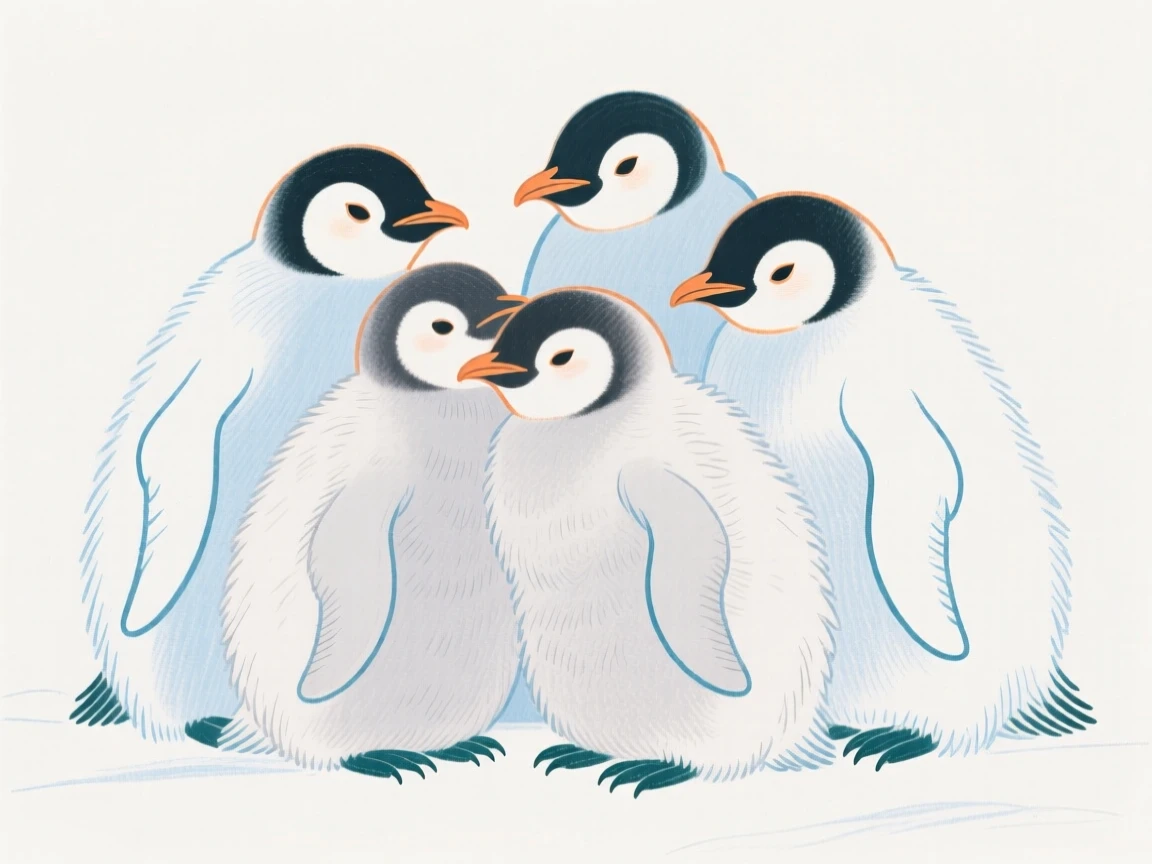 A group of penguin chicks huddled together.