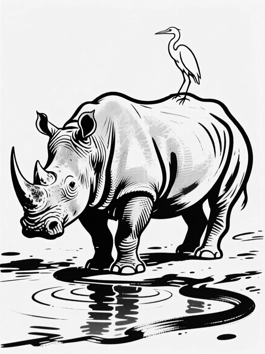 A rhinoceros standing at a watering hole with an egret perched on its back.
