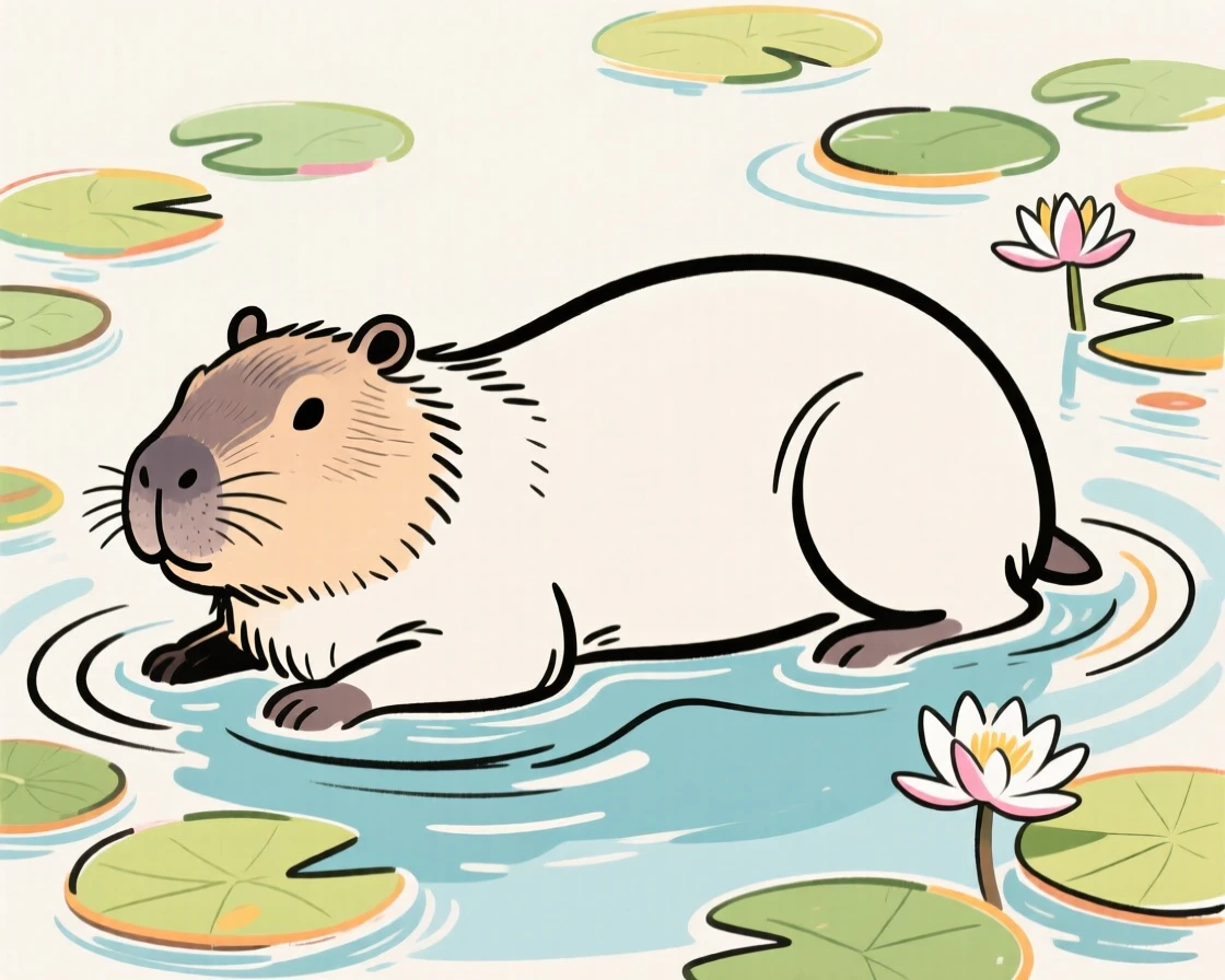 A capybara relaxing in a shallow pond surrounded by lily pads.