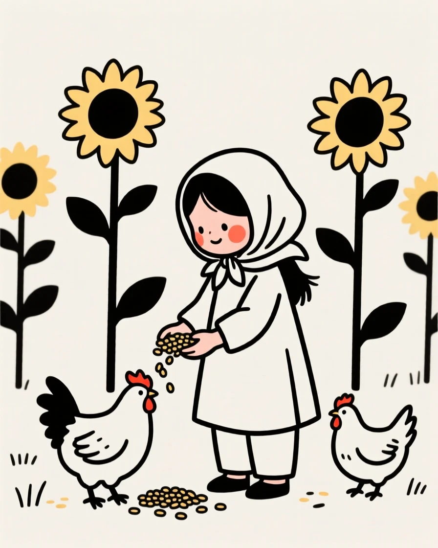 A young girl of Iranian heritage feeding chickens on a small farm, in a sunflower field.