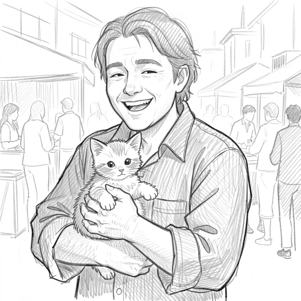 Intimate close-up of a cheerful street musician in a bustling market square, cradling a small kitten.