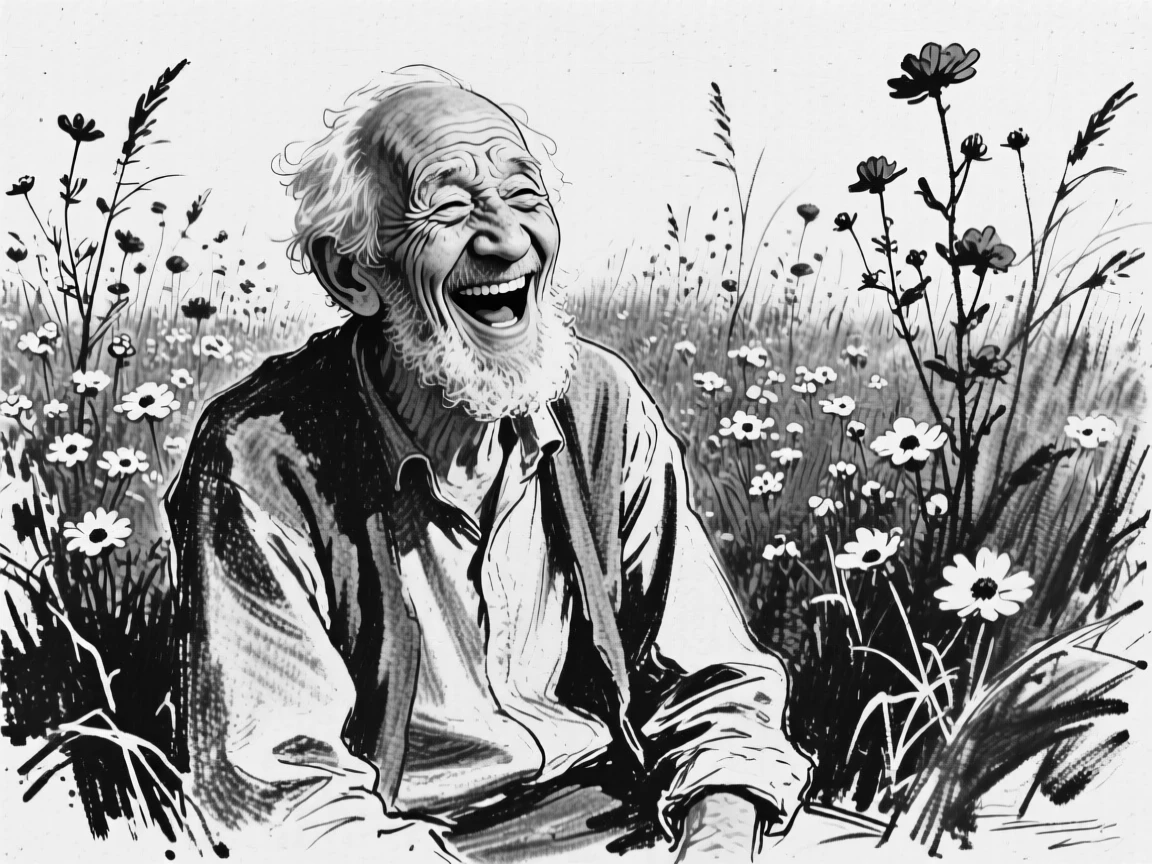 A grandfather caught mid-laugh at a shared joke, in a flower-filled meadow.