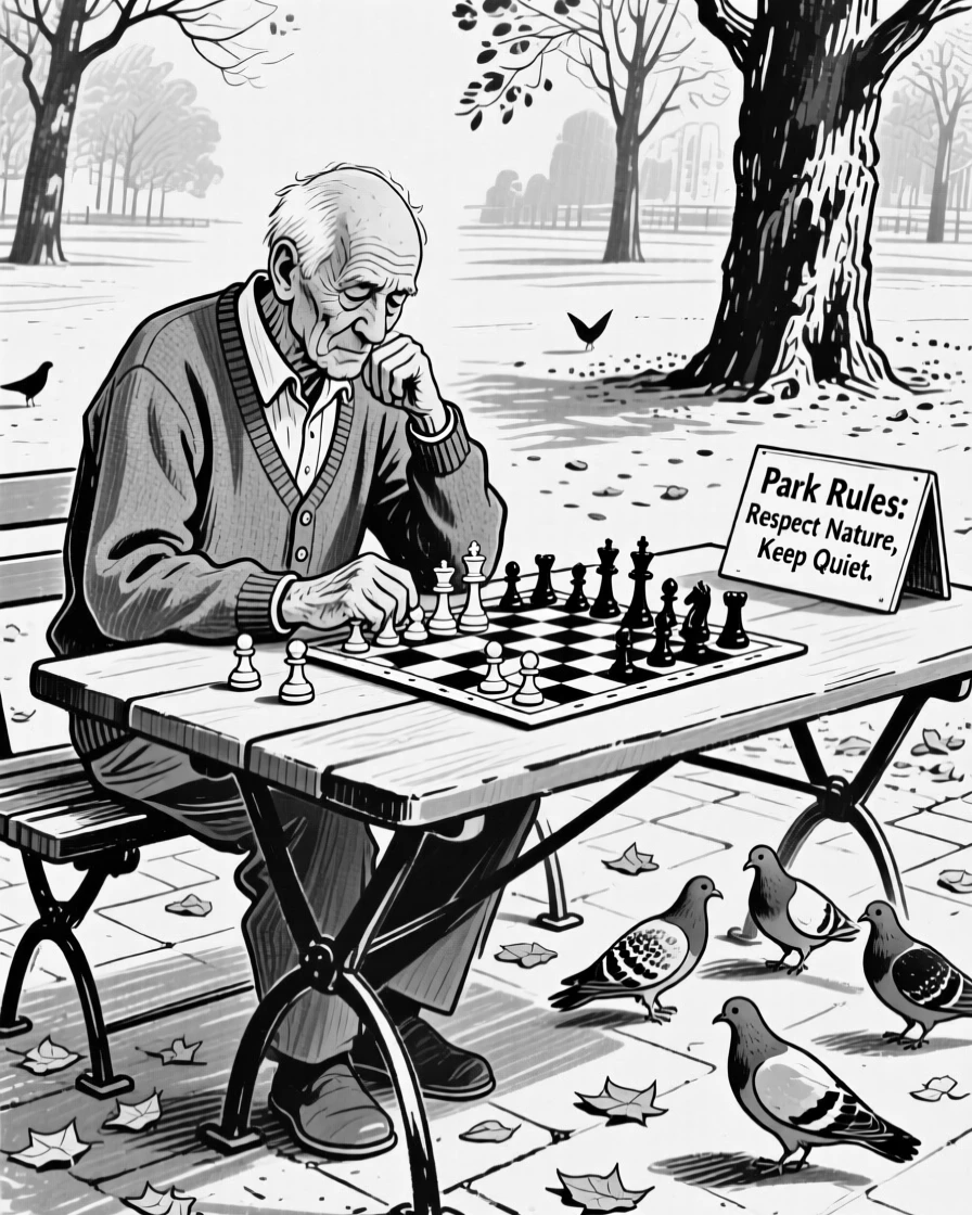 An elderly man playing chess alone at a park table, pigeons gathered nearby.
