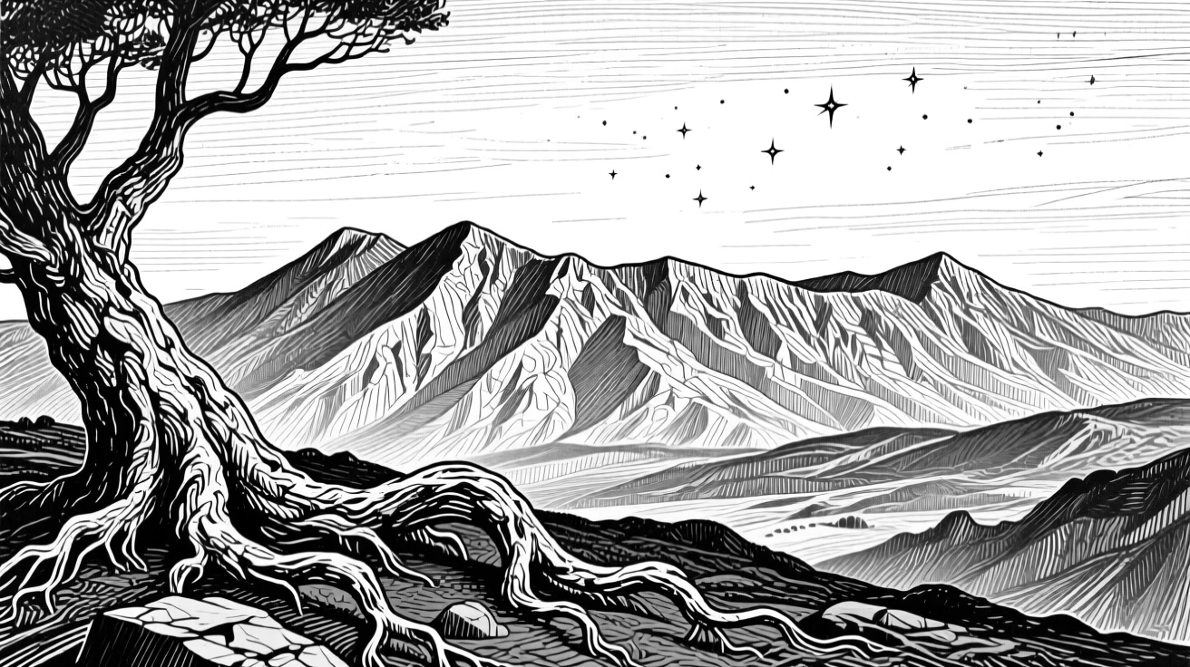 A volcanic ridge beneath a canopy of stars beginning to appear, with gnarled roots gripping the rocky soil, evoking a calm and meditative atmosphere in a wide, balanced composition.