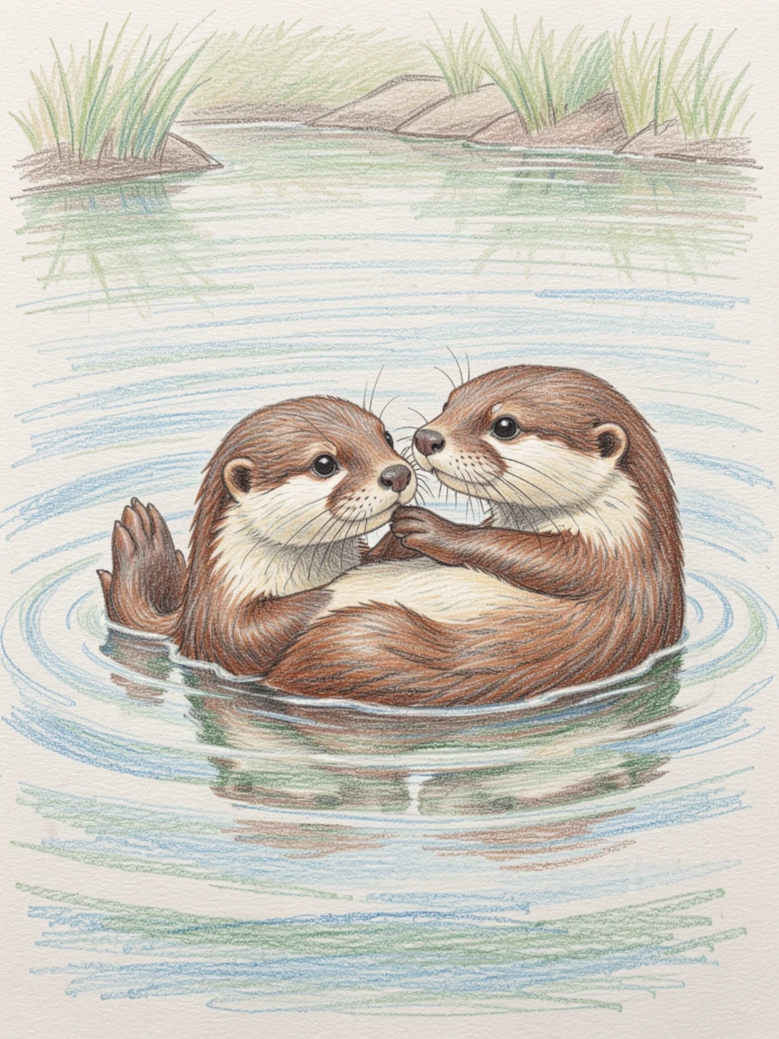 A pair of playful otters floating on their backs in a calm river, captured in a tender, quiet moment of everyday life, capturing a heartwarming, tender connection.