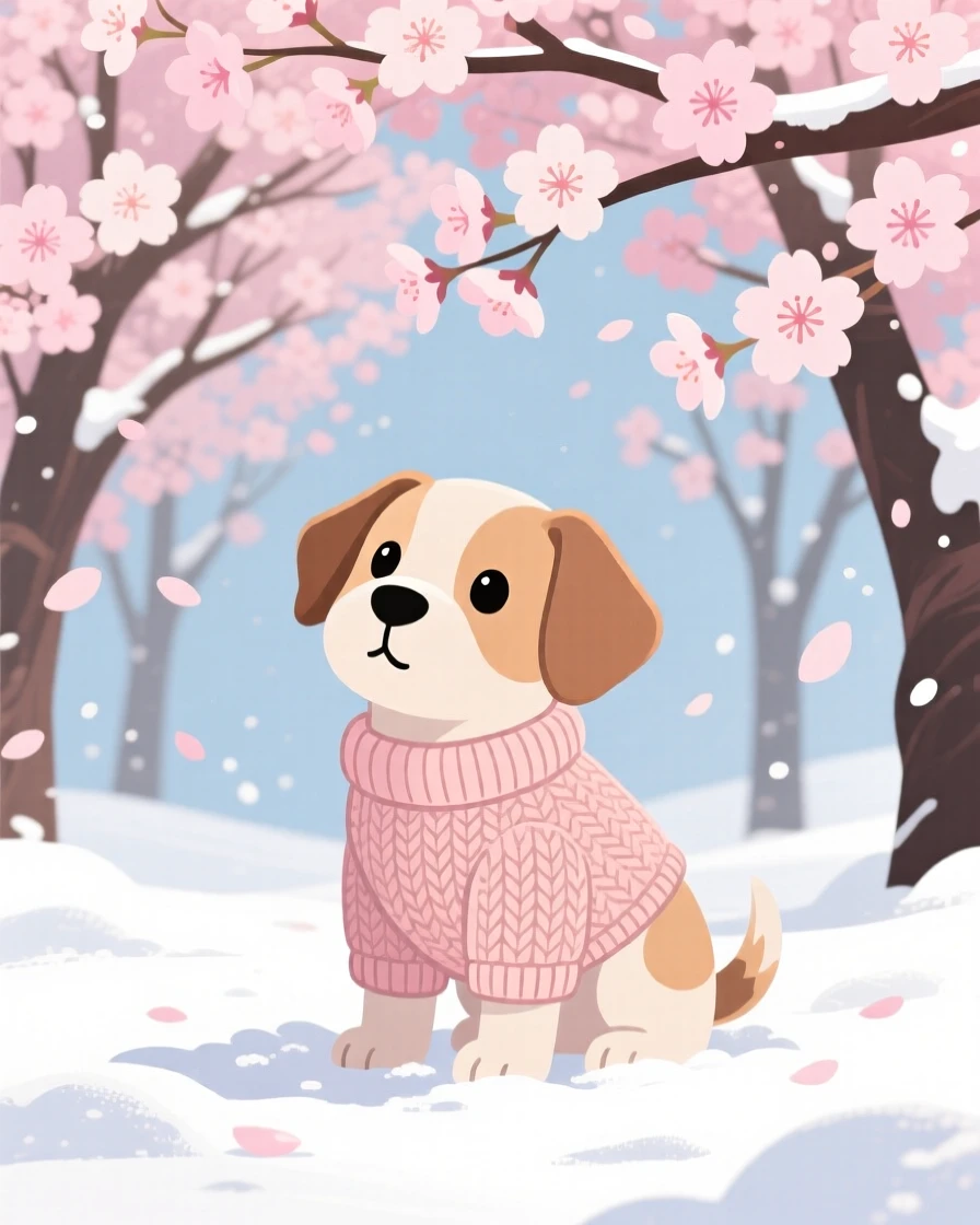 A puppy wearing a tiny knitted sweater in the snow, set beneath a canopy of cherry blossom trees, grouped together in a playful cluster composition, with a sense of playful curiosity captured perfectly.