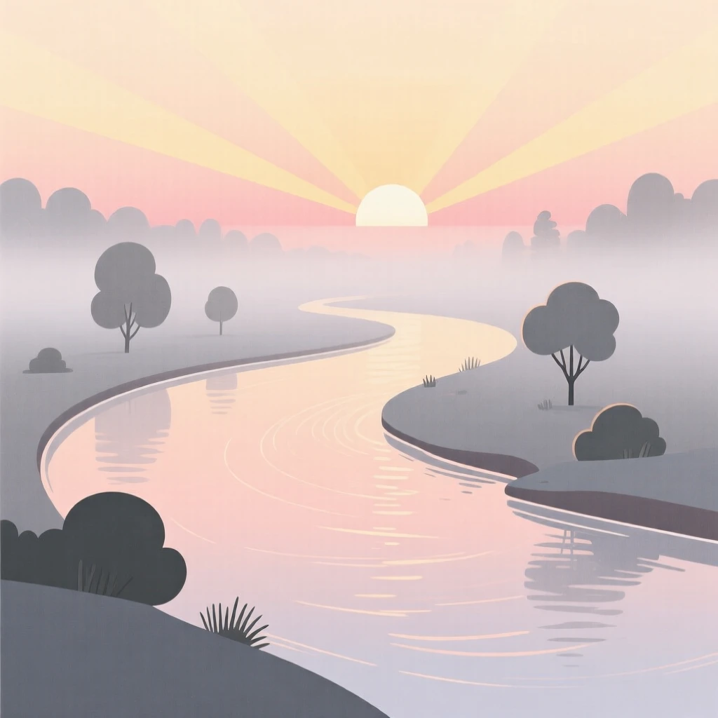 A misty river bend at sunrise with soft light filtering through the rising mist.