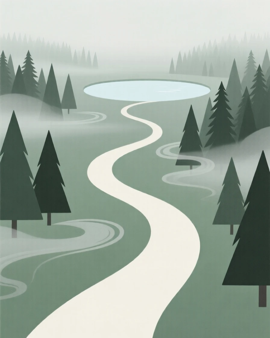 A winding path through a foggy pine forest leading toward a hidden lagoon, with curling wisps of mist scattered along the way, radiating untouched wilderness.