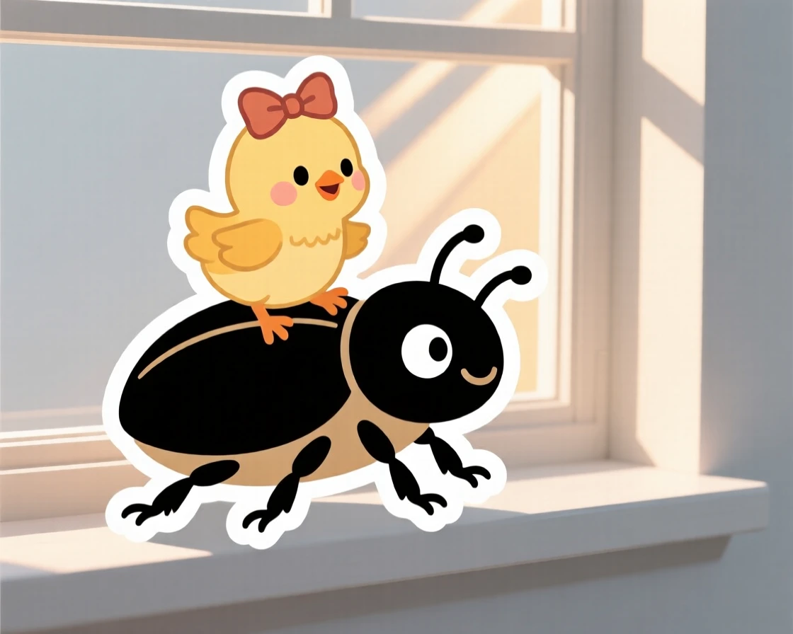 A playful baby chick wearing a bow riding on the back of a friendly beetle, on a windowsill with morning sunlight streaming in.